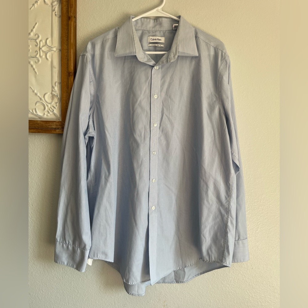 Calvin Klein mens dress shirt sz 17 34/35 blue/white slim fit stripe 100% cotton